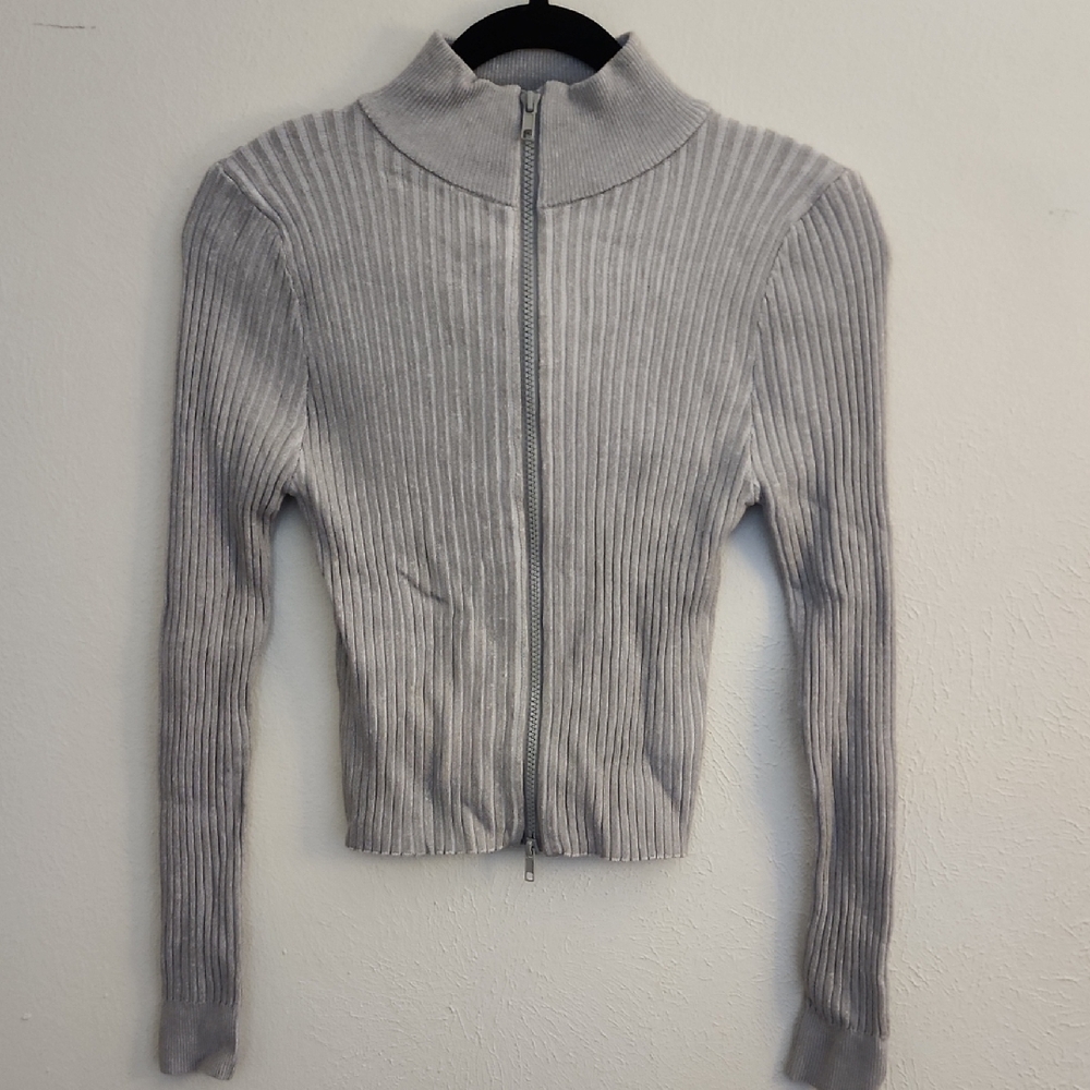 Cotton On Gray Ribbed Double Zip-Up Sweater Size S NWT